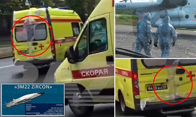 Is Putin covering up a nuclear disaster? Ambulances covered in protective film transport six Russians who suffered severe radiation poisoning in mystery explosion during 'test of new hypersonic missile'