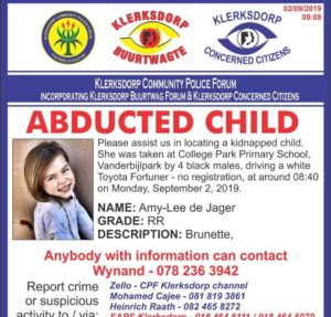 Grade R girl kidnapped in front of Vaal school
