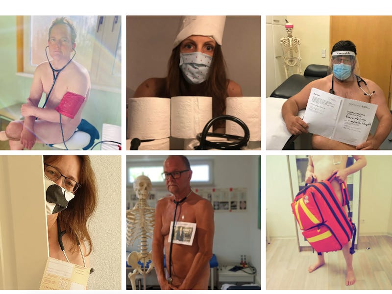 A group of German doctors, concerned over a lack of protective healthcare equipment, is baring it all to protest their lack of protective equipment.
