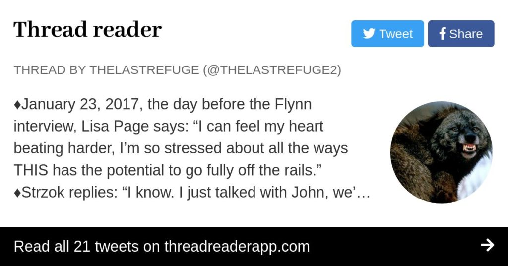January 23, 2017, the day before the Flynn interview, Lisa Page says: “I can feel my heart beating harder, I’m so stressed about all the ways THIS has the potential to go fully off the rails.”