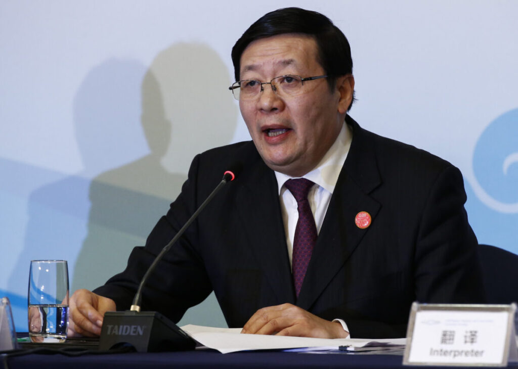 Chinese Finance Minister Lou Jiwei holds a press conference after sessions of the G20 Finance Ministers and Central Bank Governors Meeting in Shanghai, China.