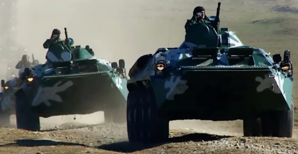 A convoy of Azerbaijani BTR-70 armored personnel carriers