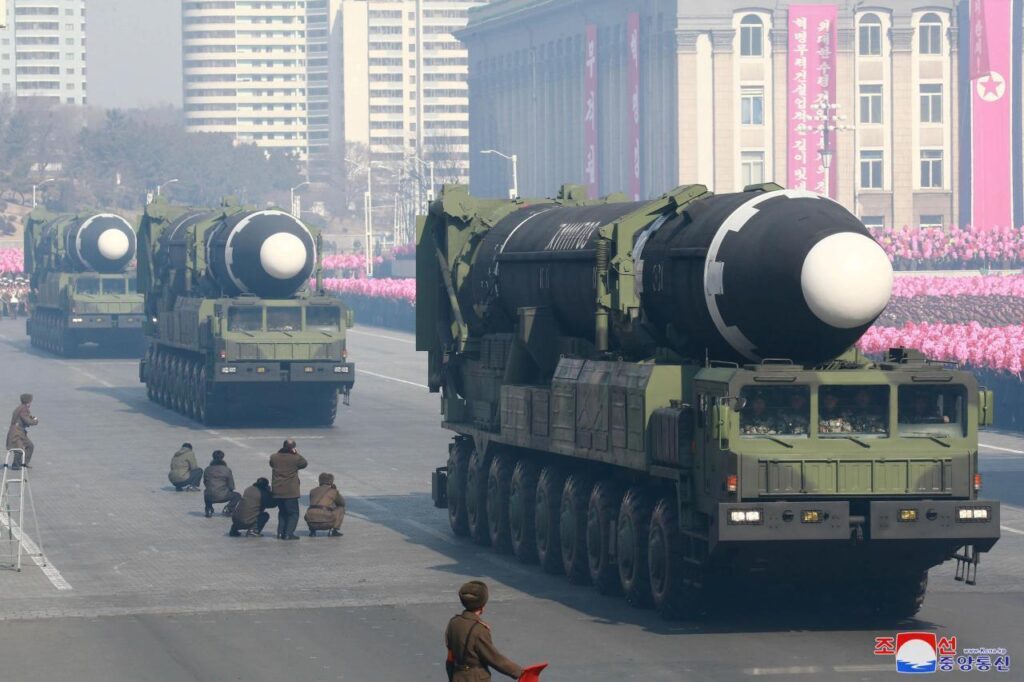 Intercontinental ballistic missiles, Hwasong-15, are seen at a military parade marking the 70th founding anniversary of the Korean People's Army at Kim Il-sung Square in Pyongyang in February 2018. (KCNA-Yonhap)