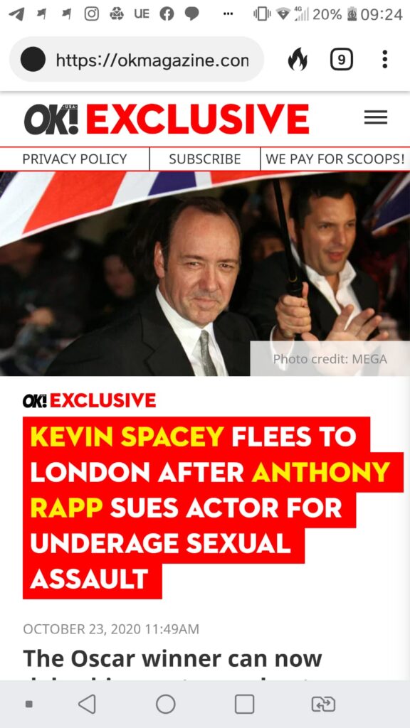KEVIN SPACEY FLEES TO LONDON AFTER ANTHONY RAPP SUES ACTOR FOR UNDERAGE SEXUAL ASSAULT