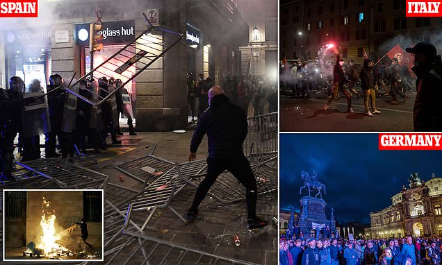 Anti-lockdown demonstrations intensify around Europe as protesters in Rome hurl Molotov cocktails, bottles and rocks at police amid rising tensions in Barcelona and Dresden