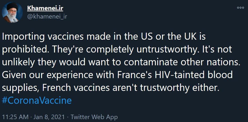 Twitter Zaps Iranian Supreme Leader Tweets Calling US-UK Vaccines "Untrustworthy"