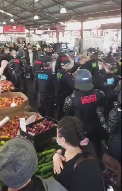 protesters into the Victoria Markets in Melbourne