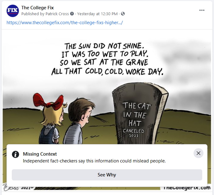 Facebook slaps warning on College Fix cartoon that lampooned criticism of Dr. Seuss
