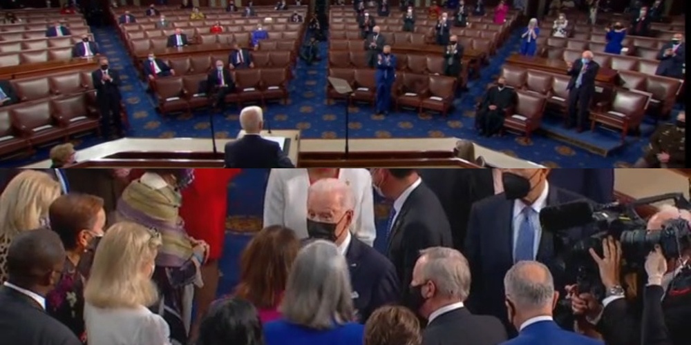 At Biden address, Democrats engage in social distancing symbolism before swarming Joe for a superspreader finale