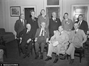 U.S. delegates attending the the Bretton Woods Conference, (l-r, standing): Assistant Secretary of Treasury Harry Dexter White, Fred M. Vinson, Dean Acheson, Edward E. Brown, Marriner S. Eccles, and Michigan Congressman Jesse P. Wolcott. Front row, seated: Senator Robert F. Wagner, Kentucky Congressman Brent Spence, Secretary of Treasury Henry Morgenthau Jr., and New Hampshire Senator Charles W. Tobey