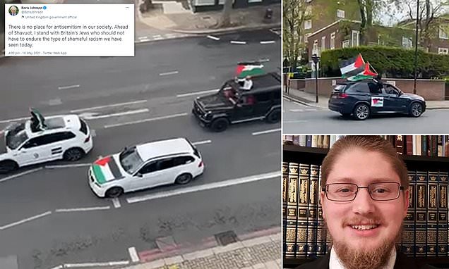 Boris Johnson slams 'shameful racism' as rabbi is attacked in Essex and police arrest four after convoy of cars drives through Jewish community in Finchley yelling 'f*** their mothers, f*** their daughters' while flying Palestinian flags