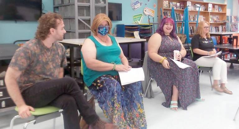 From left: Carl Contino, Simone Kraus, Zoe Heath, and Vicky Smith at a Vernon, N.J., school board meeting last week defending a Vernon transgender eight-year-old who was outed by a teacher. Kraus, a transgender woman, is vice president of the TriVersity Center for Gender & Sexual Diversity in Milford.