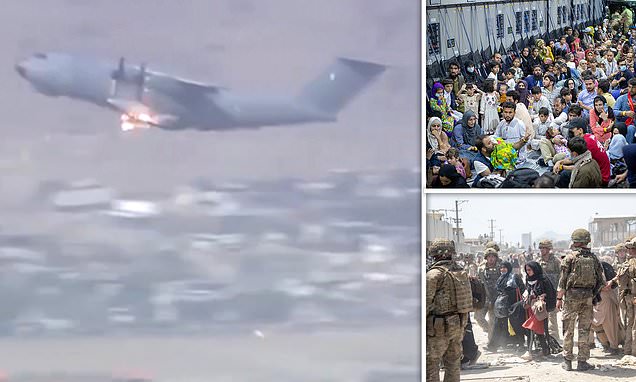 Military planes evacuating Afghans drop flares and make 'diving combat landings' amid fears of ISIS missile attacks as TWENTY die including girl, two, at Kabul airport in stampede to escape Taliban before US lifeline ends