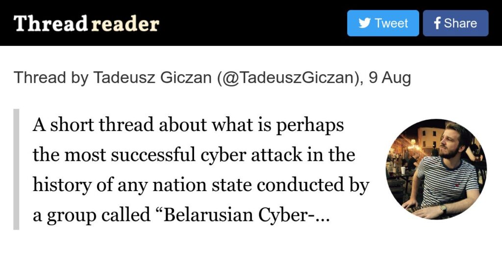 A short thread about what is perhaps the most successful cyber attack in the history of any nation state conducted by a group called “Belarusian Cyber-partisans”. Last month they hacked the servers of Belarusian police and the Interior Ministry.