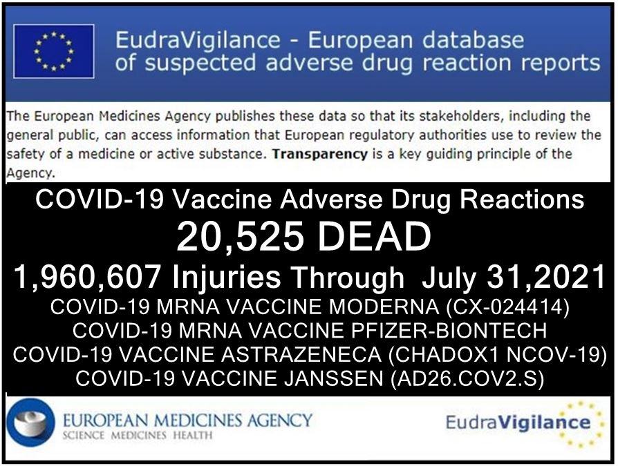 20,595 DEAD 1.9 Million Injured (50% SERIOUS) Reported in European Union’s Database of Adverse Drug Reactions for COVID-19 Shots