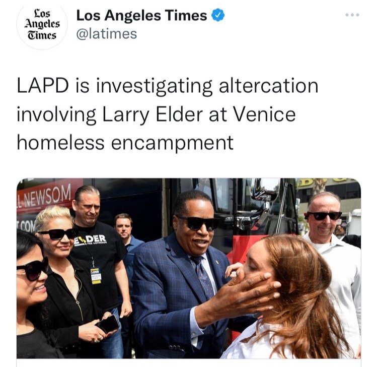 LA Times Uses Misleading Photo of Larry Elder to Make it Appear He is Slapping a Woman in Story About Assault on Him by White Liberal in Gorilla Mask