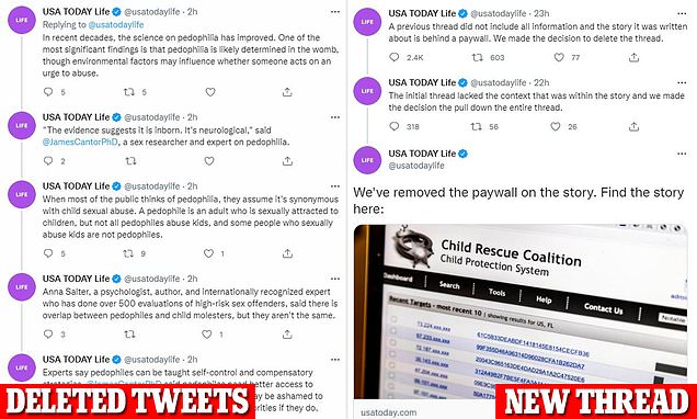 USA Today faces backlash and deletes series of tweets which 'normalize' PEDOPHILIA by claiming it is 'misunderstood' and a condition 'determined in the womb'