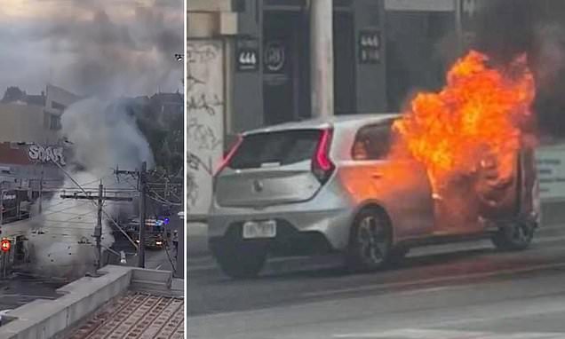 Horror as man sets himself on FIRE in his car while screaming about Dan Andrews' Covid vaccine mandates - before shocked diners helped police and firefighters extinguish the flames