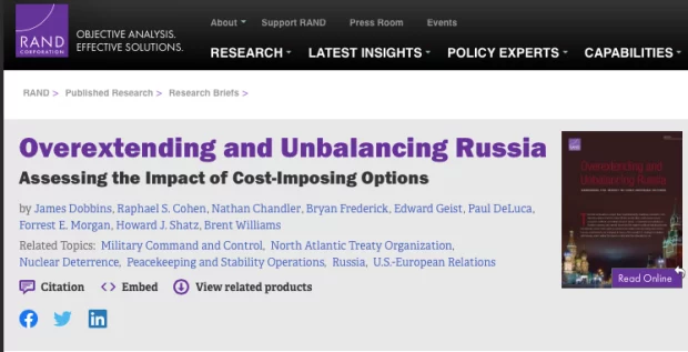 How to Destroy Russia. 2019 Rand Corporation Report: “Overextending and Unbalancing Russia”