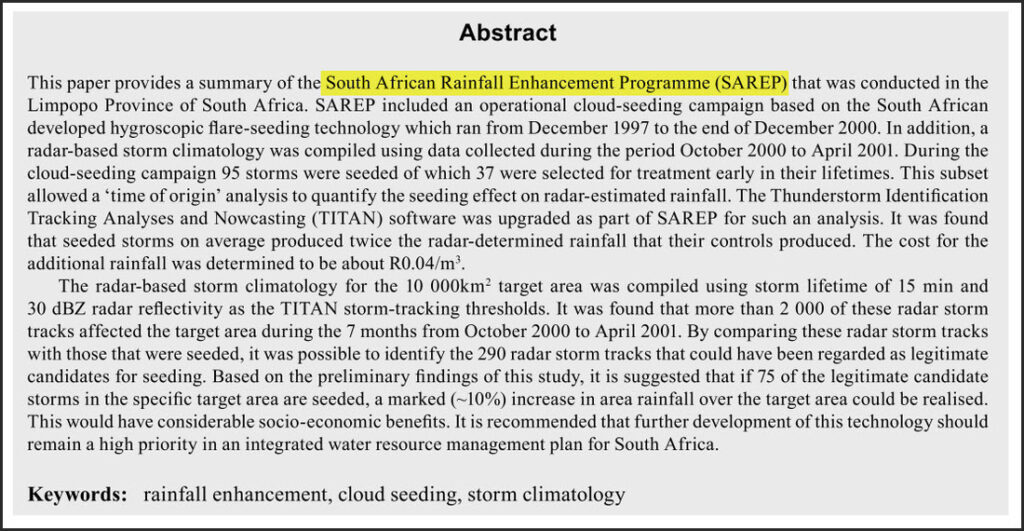Proof that South Africa Has Been Subjected to Geoengineering via the "Rainfall Enhancement Program"