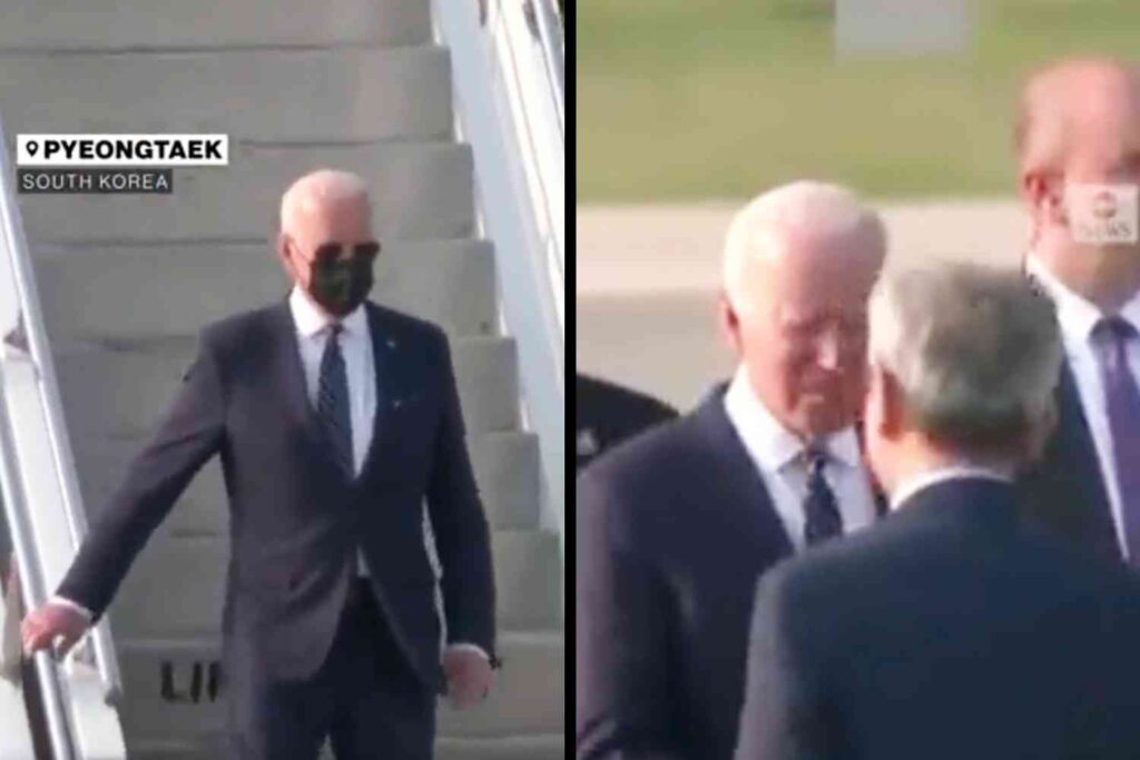 Hilarious: Watch Biden wear his mask as he walks alone all the way down the steps of AF1, only to take it off to greet everyone face to face