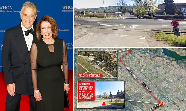 REVEALED: Nancy Pelosi's drunk husband Paul was five miles from his Napa home when he blew a stop sign while crossing highway at 10:22pm and crashed his new Porsche into Jeep, arrest report reveals