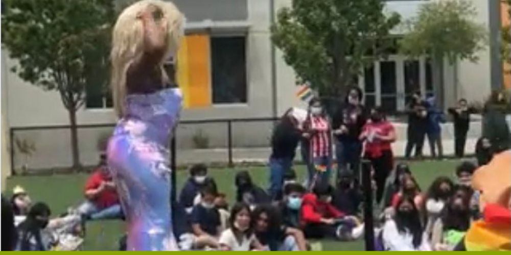 Drag queen 'Nicki Jizz' performs for masked middle schoolers in San Francisco