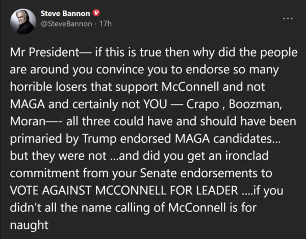 Bannon Questions Why Trump Waited So Long to Oppose McConnell