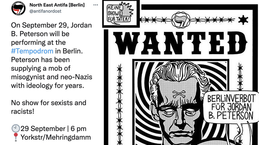 Berlin Antifa announce plans to shut down Jordan Peterson event