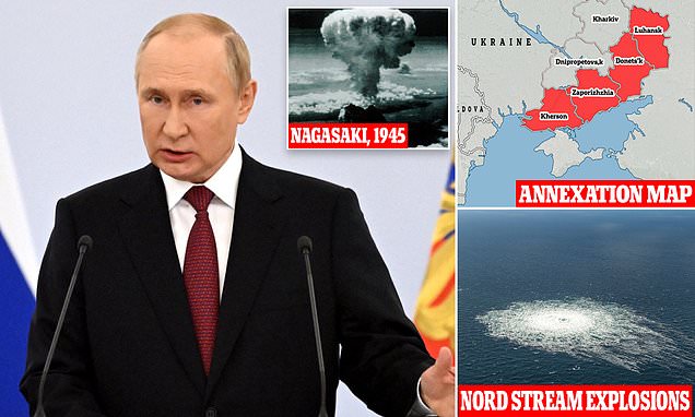 Putin says U.S. created nuclear PRECEDENT by bombing Japan and vows to 'smash' the 'satanic' West: Rants that America is STILL occupying Germany, 'Anglo-Saxons' blew up Nord Stream and warns he'll use 'all forces' to defend annexed Ukraine regions