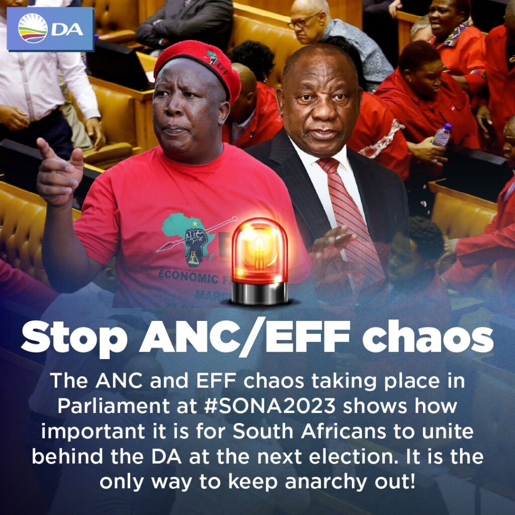 Non-Chaotic DA capitalises on ANC, EFF chaos during SONA 2023