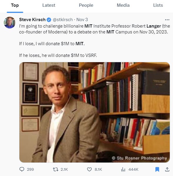 I just offered MIT Institute Professor Robert Langer $10M to debate me about COVID vaccine safety on Nov 30 at MIT