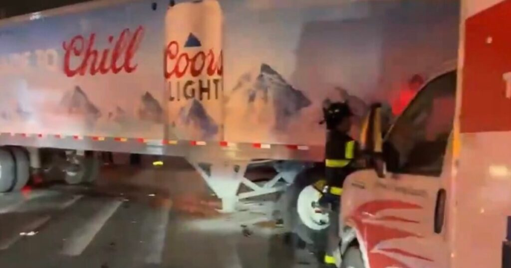 ‘Environmental And Safety Risks’ Reportedly Declared After Coors Light Semi-Truck Crashes Into Popeyes [WATCH]