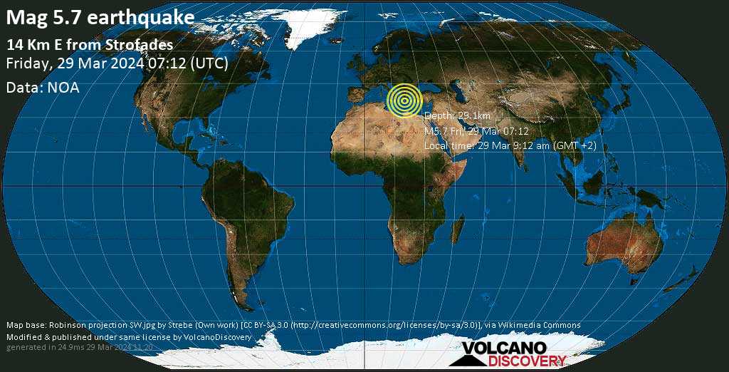 Strong mag. 5.7 Earthquake - Ionian Sea, Greece, 84 km west of Kalamata, Peloponnese, on Friday, Mar 29, 2024, at 09:12 am (Athens time)