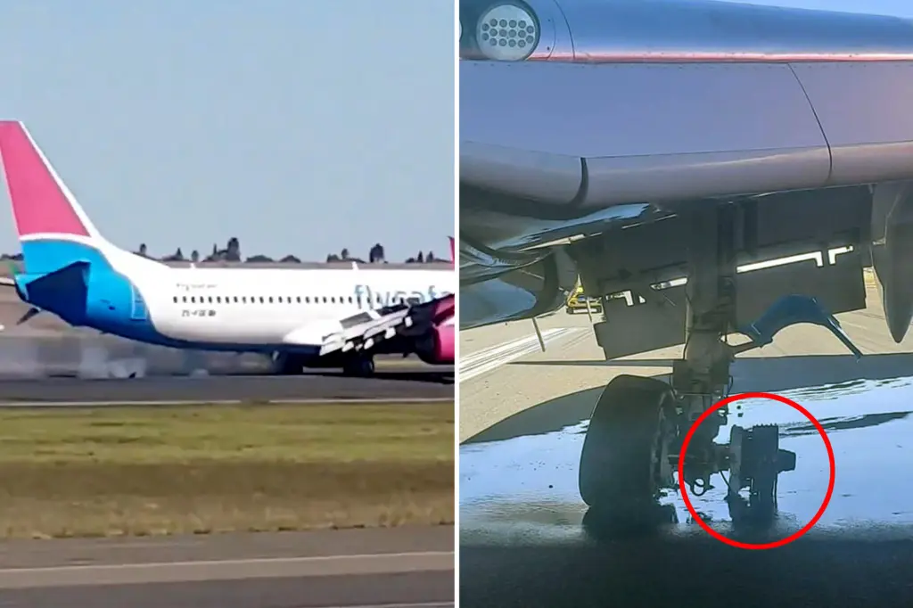Moment Boeing 737 loses wheel during takeoff, causing smoke to billow from FlySafair plane, caught on dramatic video