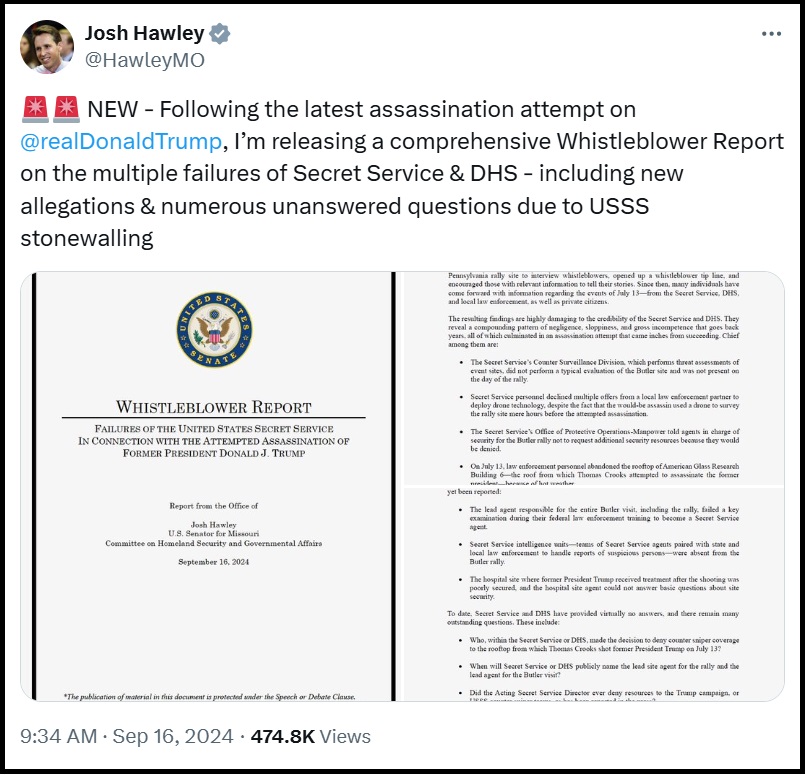 Senator Josh Hawley Releases Whistleblower Complaint Outlining DHS and Secret Service Issues