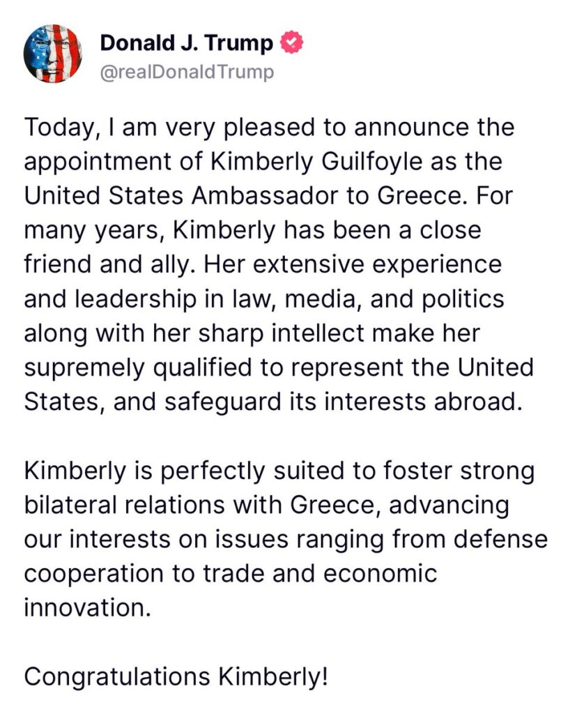 President Trump Announces Kimberly Guilfoyle as U.S. Ambassador to Greece
