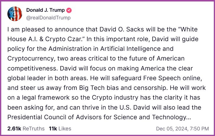 President Trump Announces David Sacks as AI and Crypto Czar