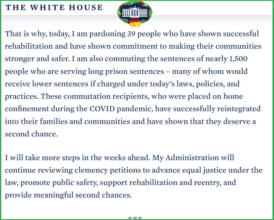 Biden Delivers 1,500 Pardons During First Wave of Executive Clemency Announcements