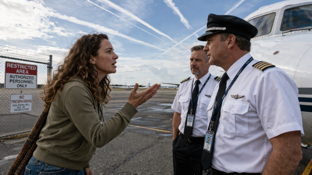 A woman speaks emphatically to two airline pilots on an airport tarmac beside a small aircraft, with visible contrails in the sky overhead.