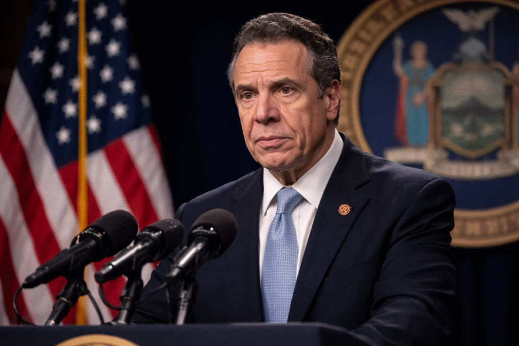 Former New York Governor Andrew Cuomo speaking at a press briefing with microphones and the New York state seal visible behind him.