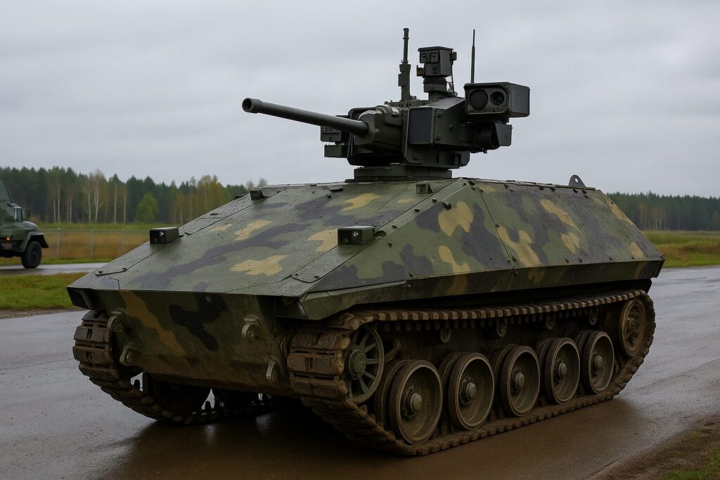 The heavy assault robotic complex "Shturm", developed by UVZ on order of the Ministry of Defense, was spotted on its way back from the testing ground