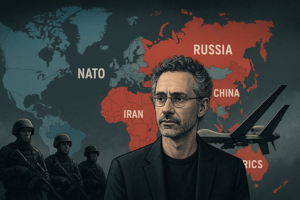 Alex Karp with global map showing NATO, Russia, China, Iran, soldiers, and drone