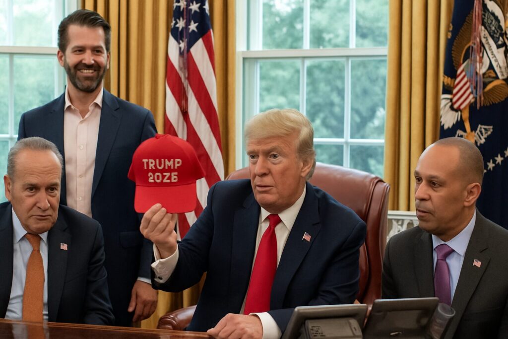 Trump masterfully trolls Dem leaders with offer of ‘Trump 2028’ hats during key meeting