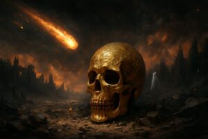 Apocalypse aesthetics- golden skulls, exploding comets, and AI ghosts of the dead.