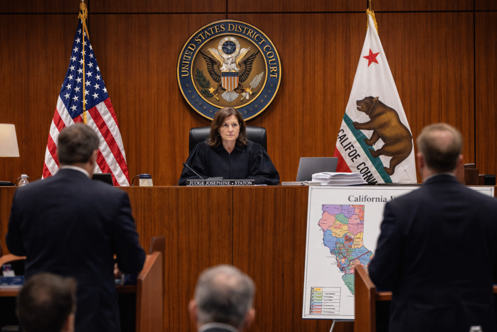 Federal judge presides over a courtroom hearing in a California redistricting lawsuit, with U.S. and California flags displayed and a congressional district map visible beside the bench.