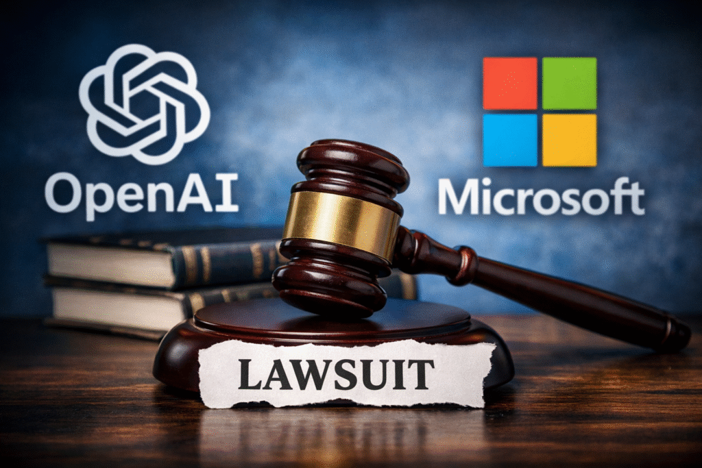 A digital news photograph showing OpenAI and Microsoft logos with a gavel symbolizing a lawsuit.