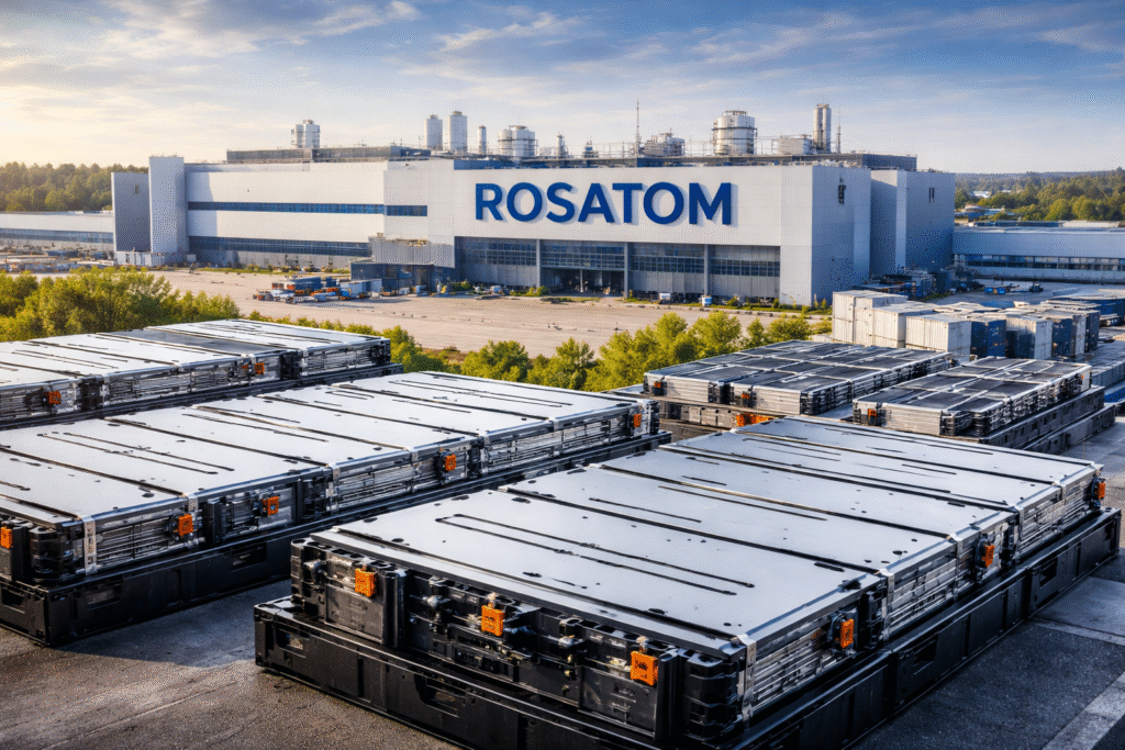 A high-resolution photo of Rosatom's lithium-ion battery gigafactory in Kaliningrad, Russia, showcasing stacks of battery modules in the foreground and the sleek factory building in the background, with clear, even lighting and a green industrial environment.