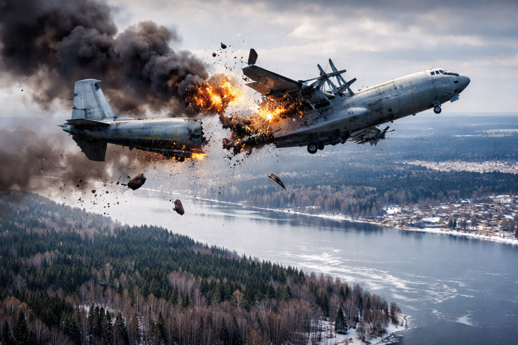 A dramatic image of the An-22 military transport plane breaking apart mid-air over the Ivanovo region, with flames and smoke billowing from the wreckage. The scene unfolds above a snowy forest and frozen lake, with pieces of the plane falling toward the ground.