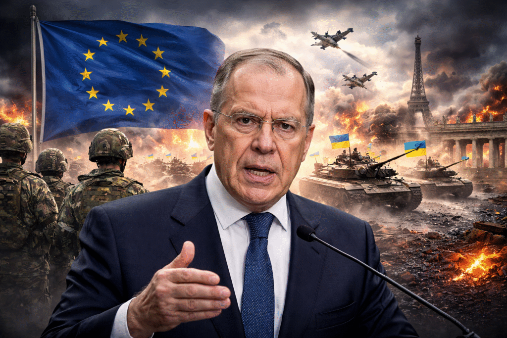 A digitally composed image featuring Russian Foreign Minister Sergey Lavrov speaking seriously about Western Europe's role in the Ukraine conflict, with military imagery in the background, including tanks, soldiers, and the European Union flag.